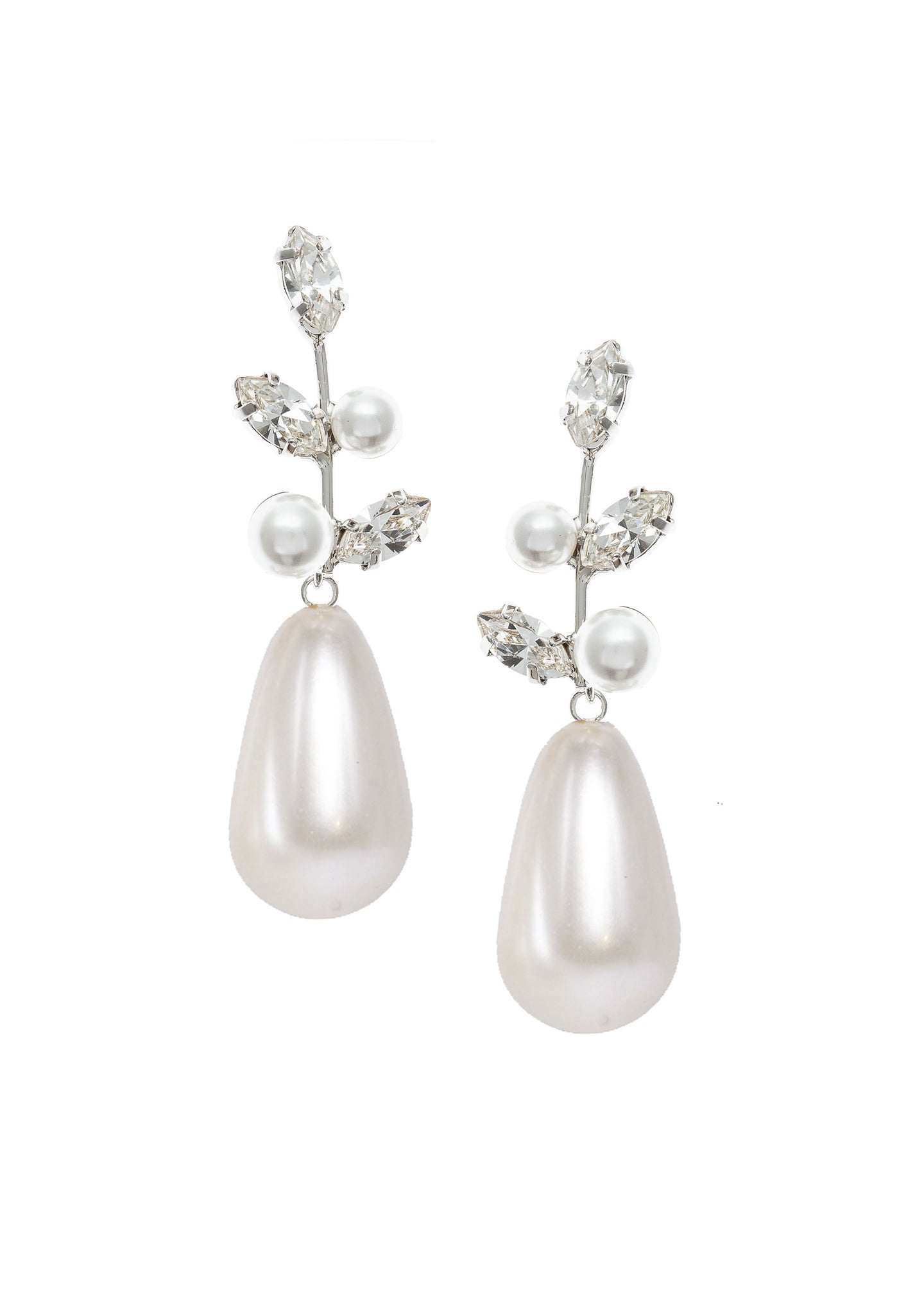 A crystal and pearl floral topped teardrop earring on a flat white background