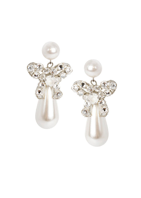 Pearl bow drop earring with crystal accents on white background