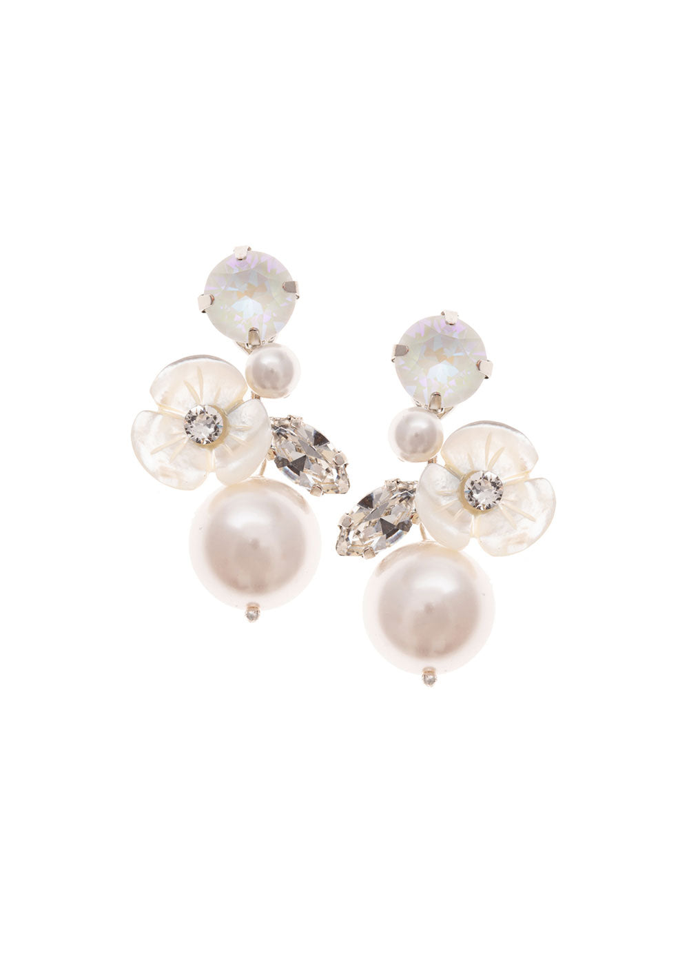 Pearl, crystal and mother of pearl bauble silver drop earring on white background