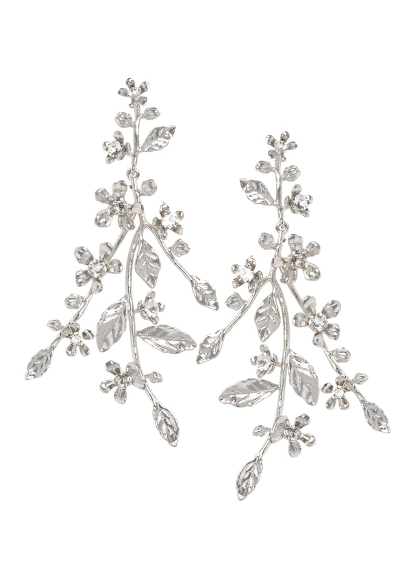 A floral statement earring with crystal accents on a white background.