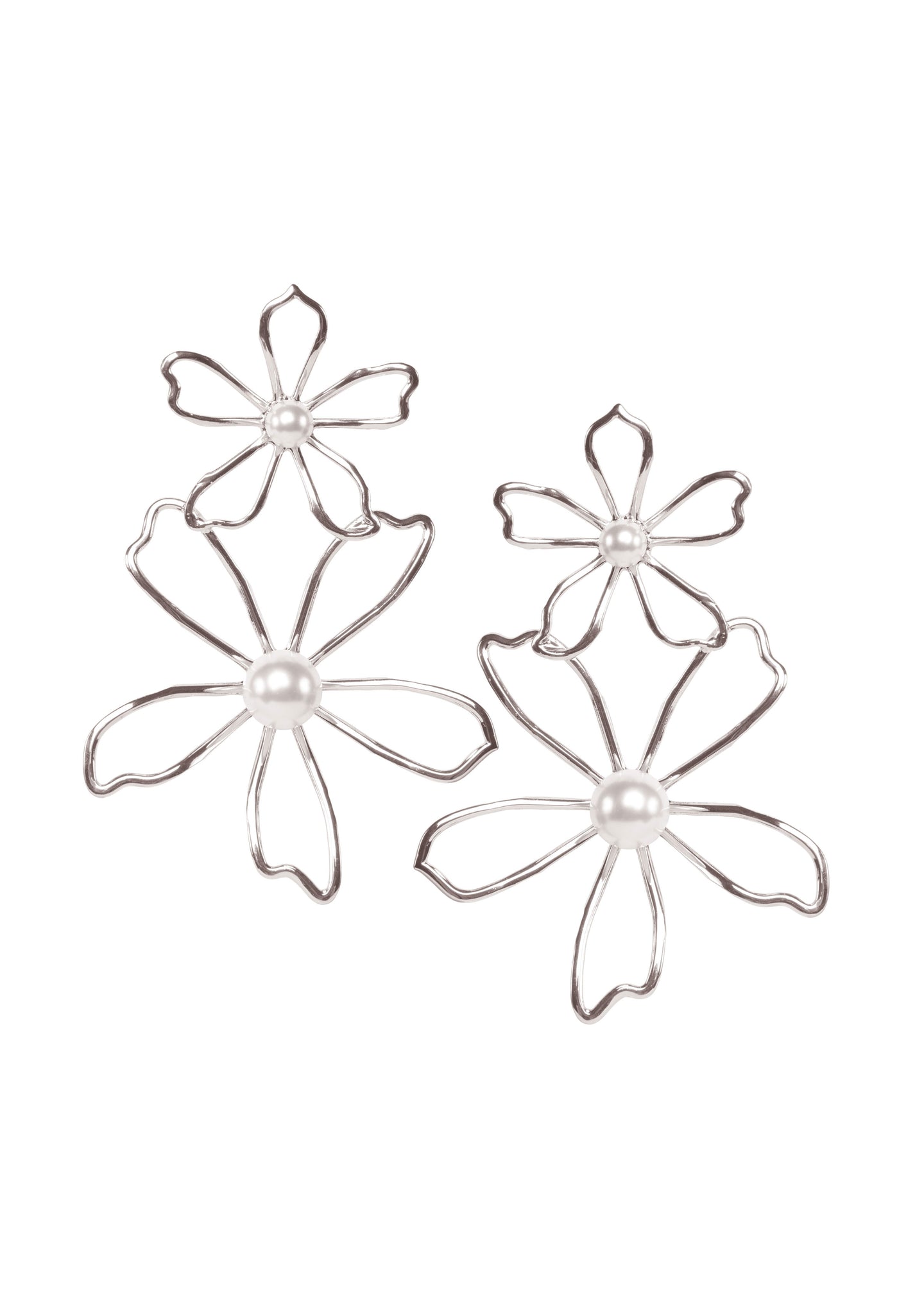 Open double flower stud earring in silver with pearl center on white background