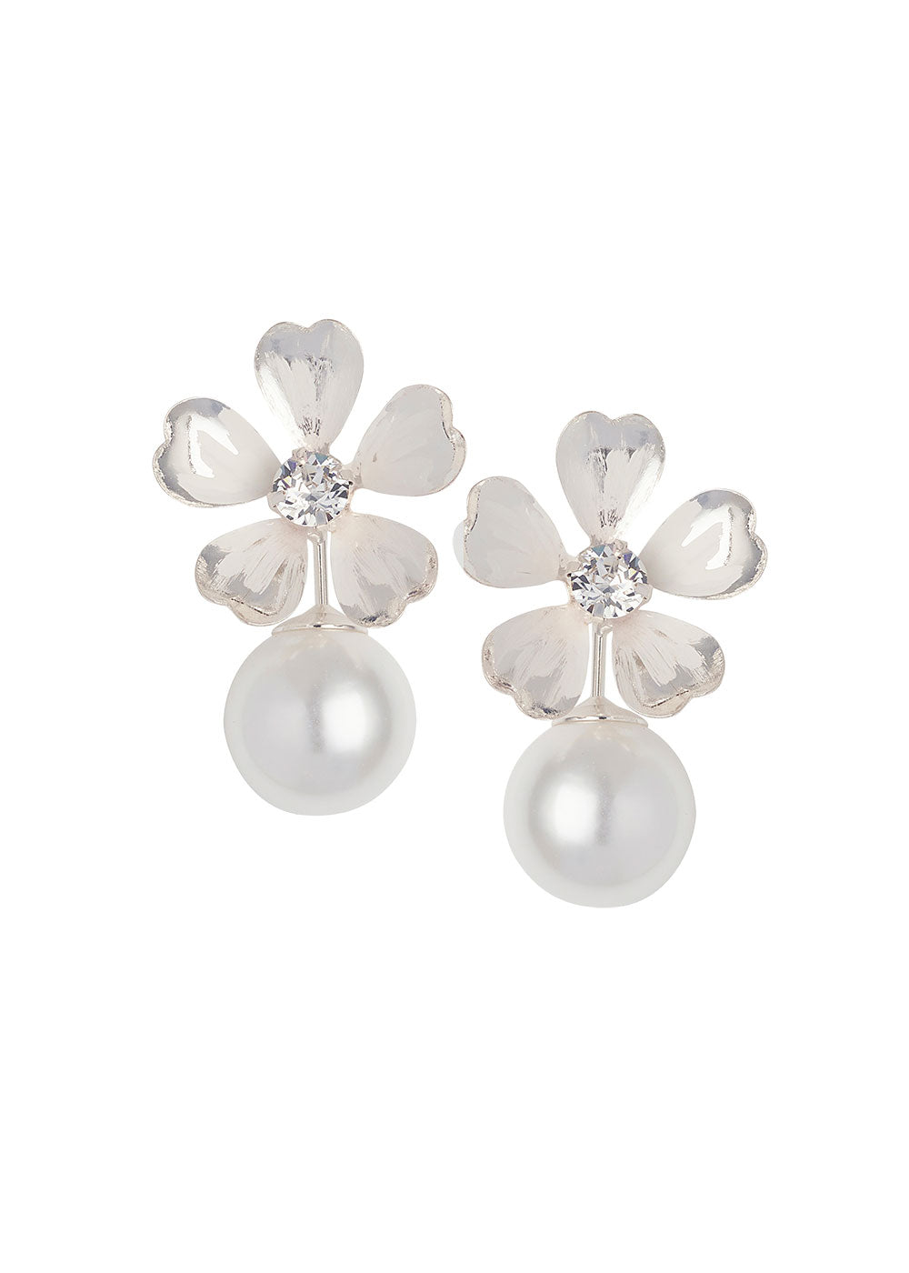 A pair of silver-colored floral earrings with oversized pearl accents
