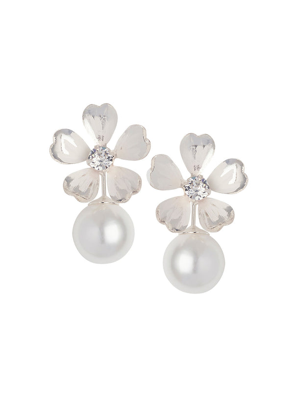 A pair of silver-colored floral earrings with oversized pearl accents