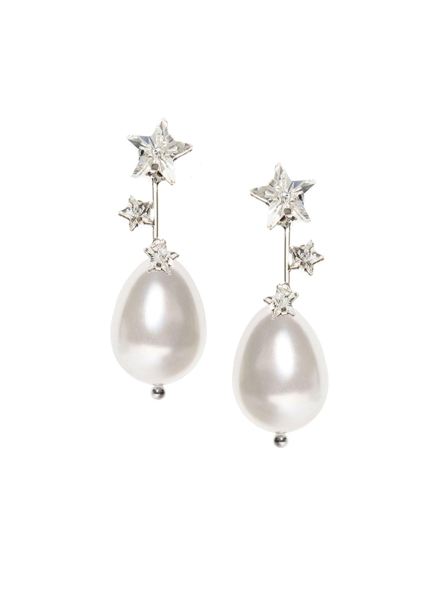 A pair of pearl drop earrings with star-shaped crystal embellishments and a rhodium finish.