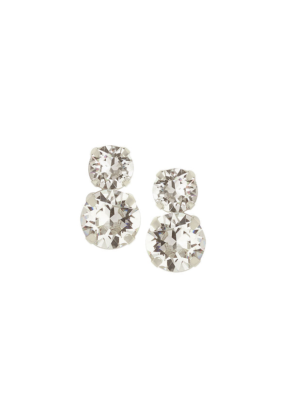 A pair of crystal mini dublet stud earrings with a duet of faceted crystals on a white background.
