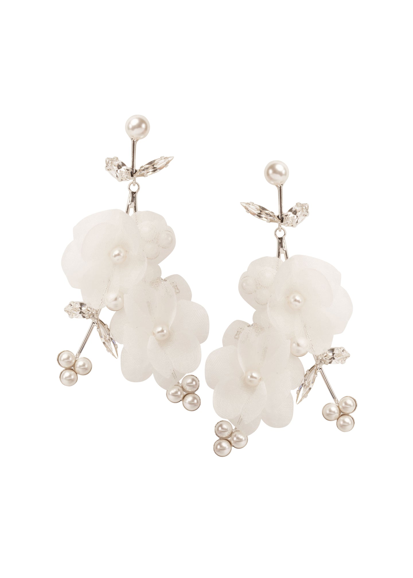 Ivory Silk floral chandelier earring with pearl accents on white back ground