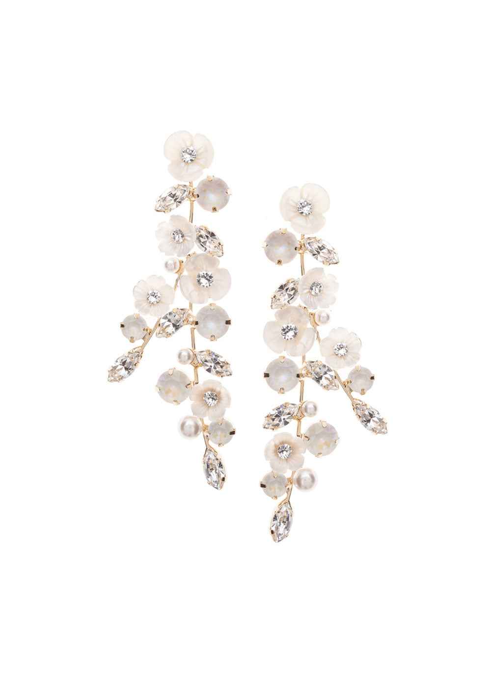 Statement earring in crystal, pearl and mother of pearl left right design