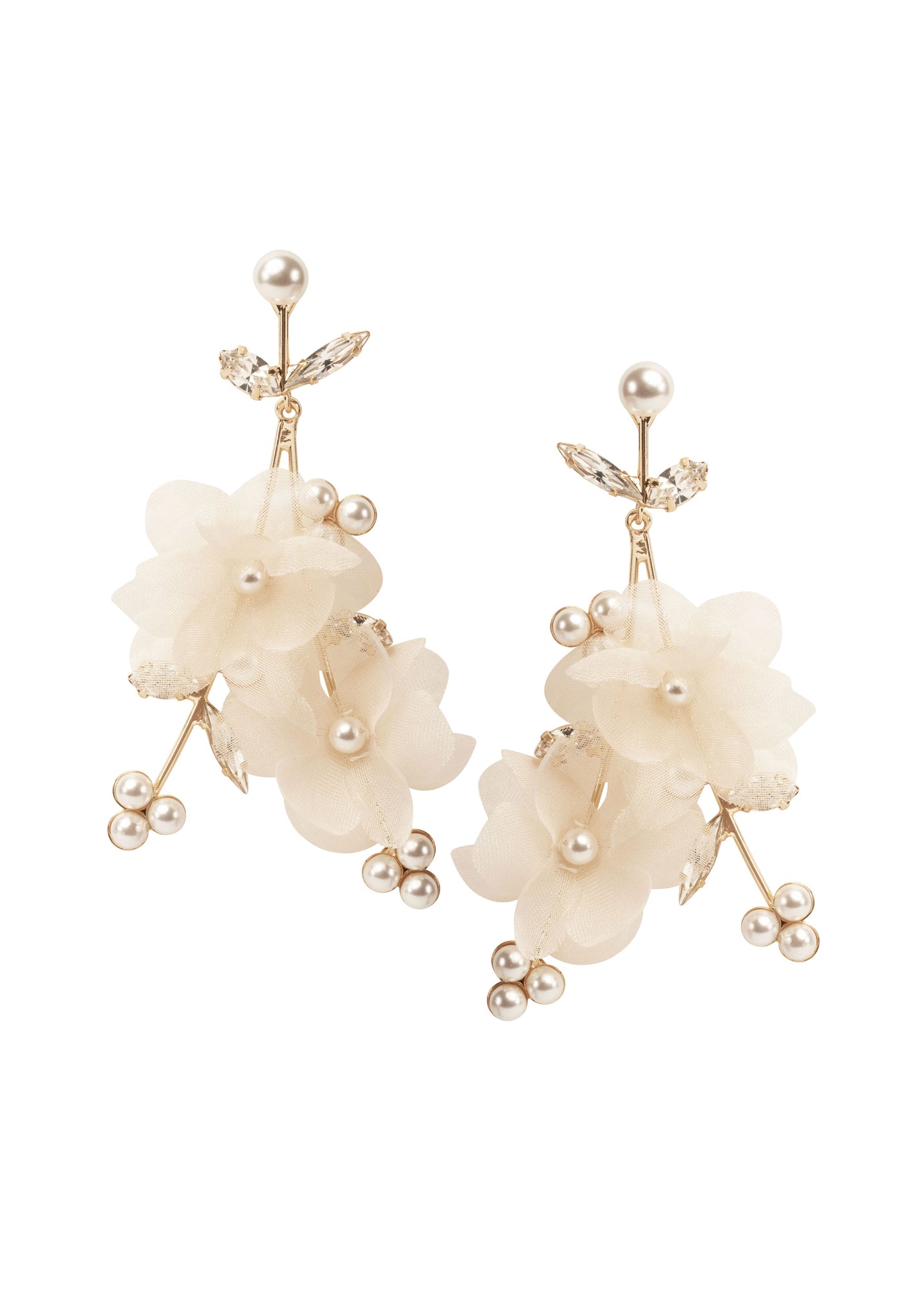 Blush Silk floral gold chandelier earring with pearl accents on white back ground