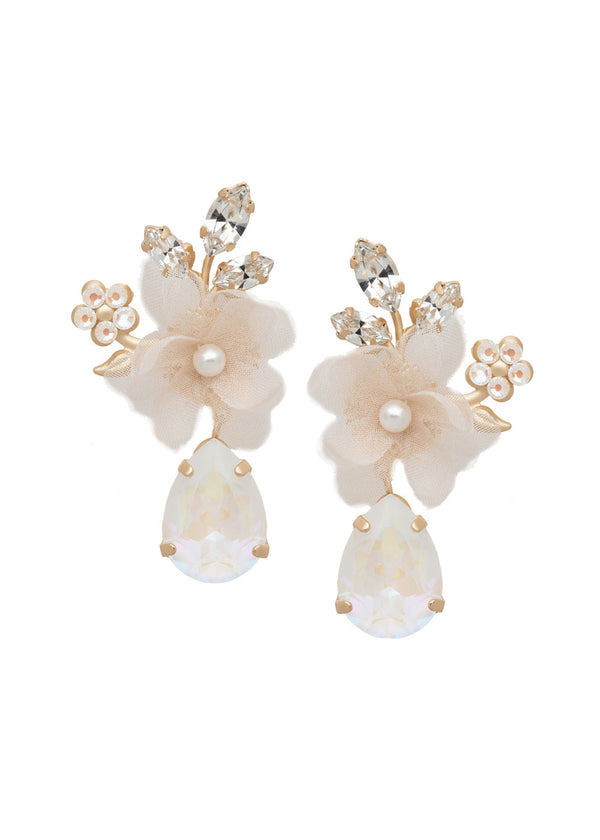 Silk Floral blush gold crystal drop earring on a white background