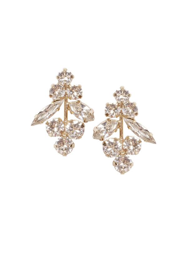 A clustered crystal bridal stud earring in gold on a white background