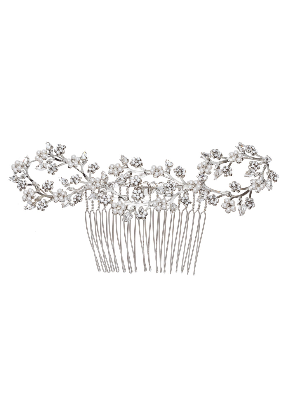 Pearl and crystal floral hair comb on white background