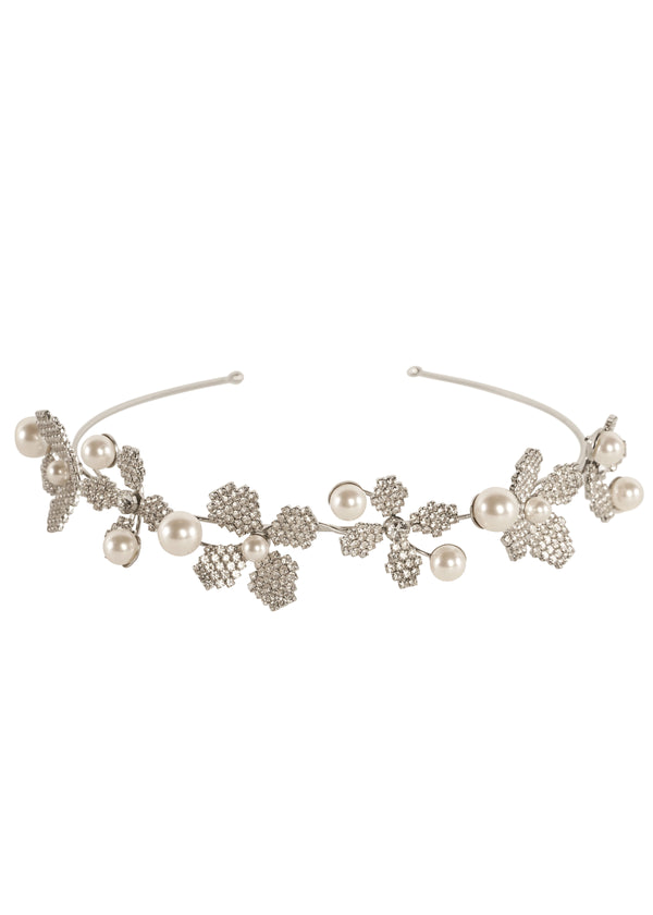 Pearl and crystal floral bridal hairpiece laid flat (on a white background)