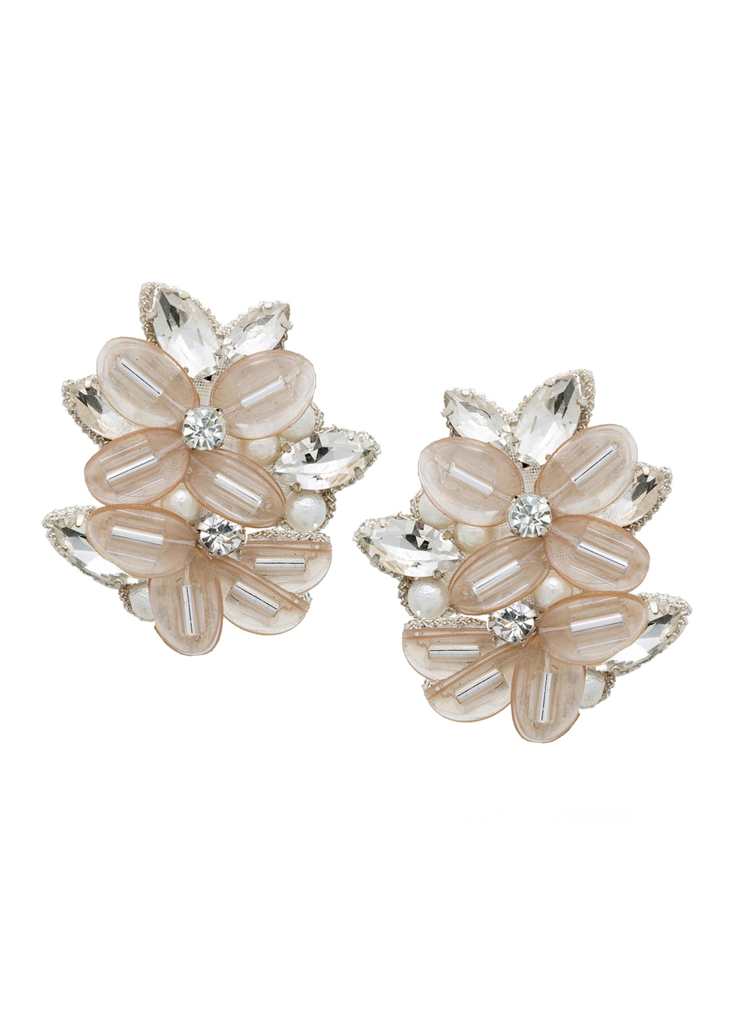 Floral clustered blush earring, made from sequins, pearls and crystals on a white background