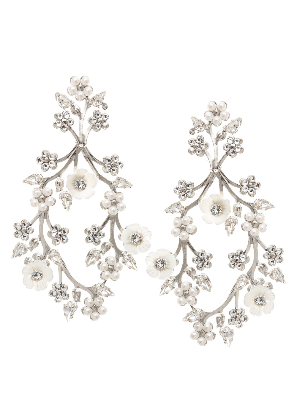 Floral Bridal hoop earring with mother of pearl flowers on a white background