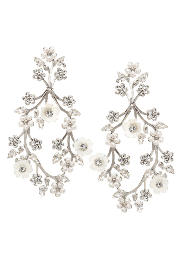 Floral Bridal hoop earring with mother of pearl flowers on a white background