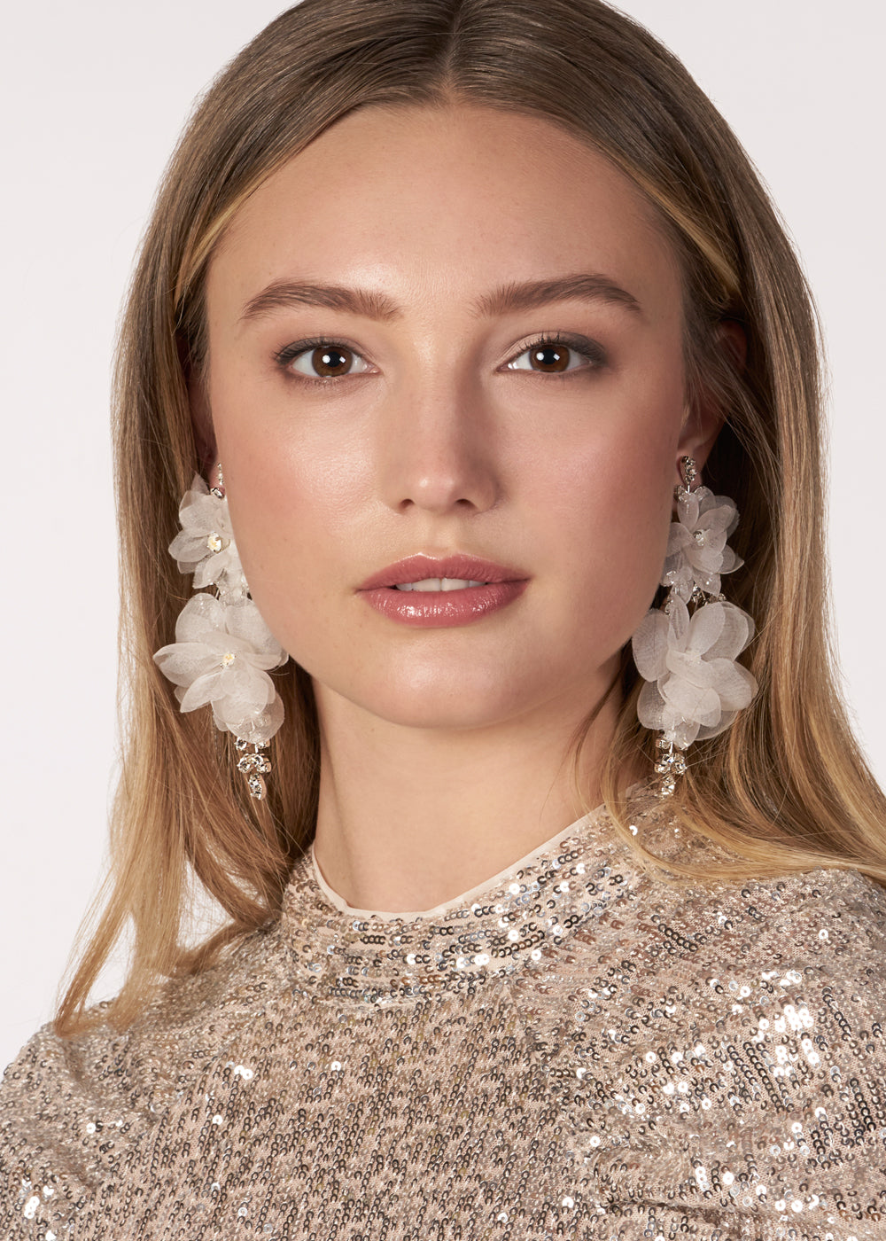 ivory silk floral statement earring with Swarovski crystals on model front view