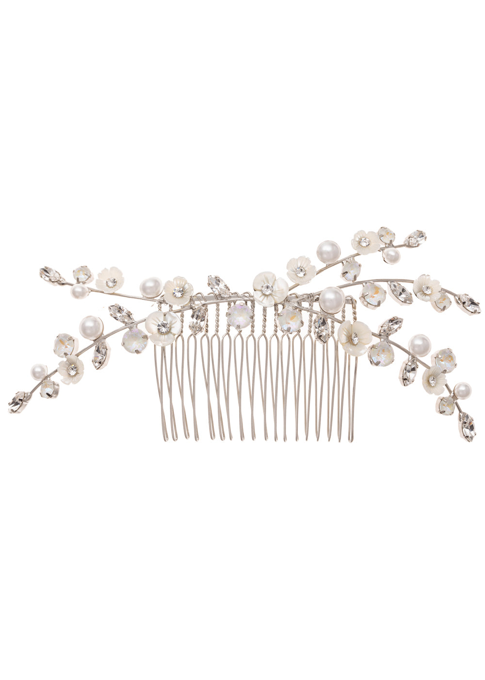 silver Floral bridal hair comb on white  background