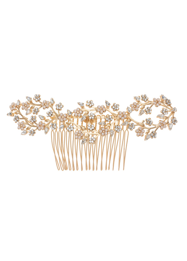 blush and crystal floral gold hair comb on white background