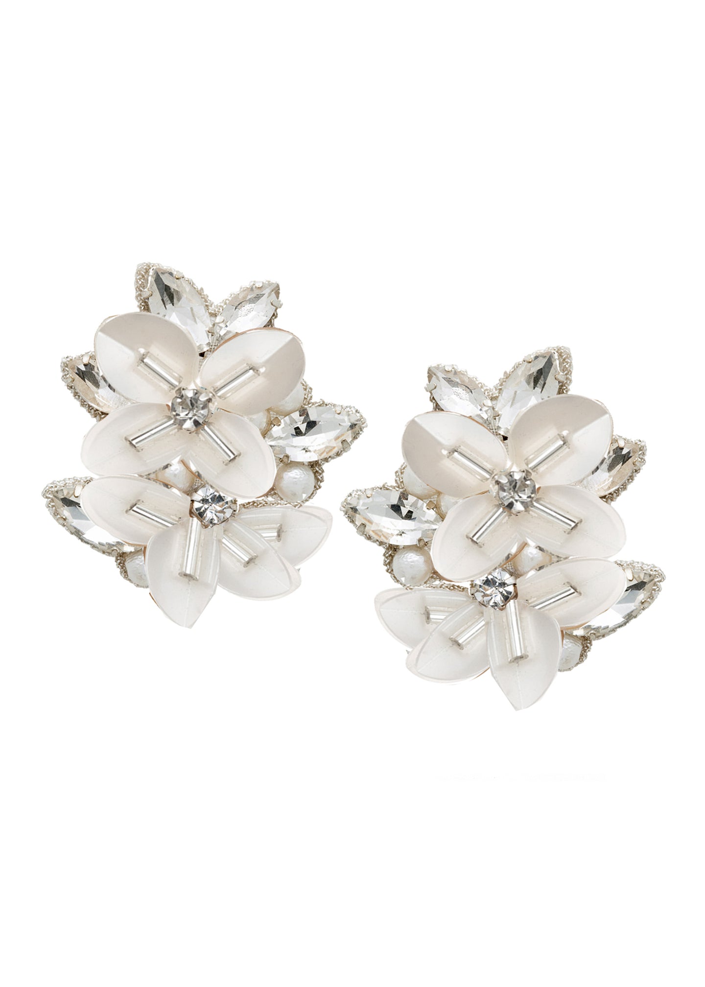 Floral clustered earring, made from sequins, pearls and crystals on a white background