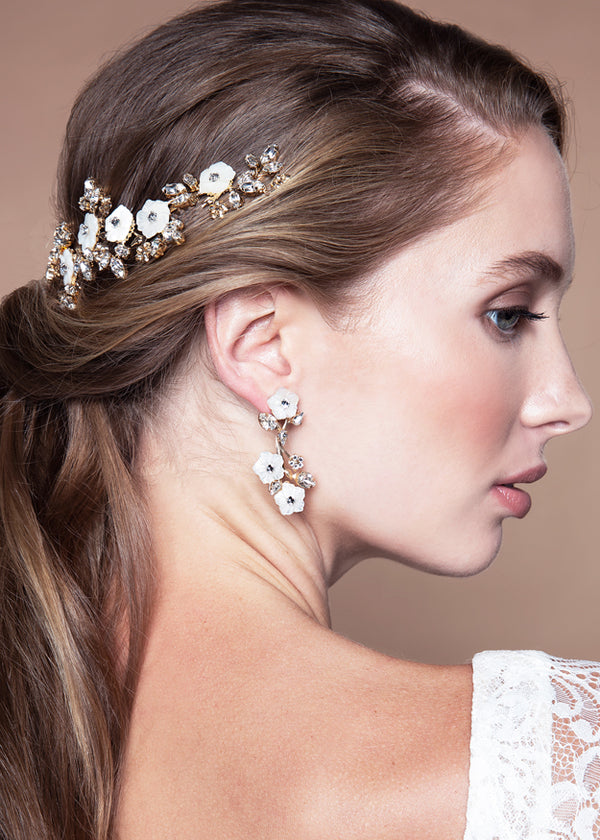 mother of pearl 3 flower drop earring in matte gold and crystals on model