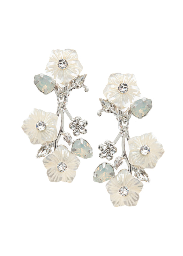 mother of pearl 3 flower drop earring in silver and crystals on white background