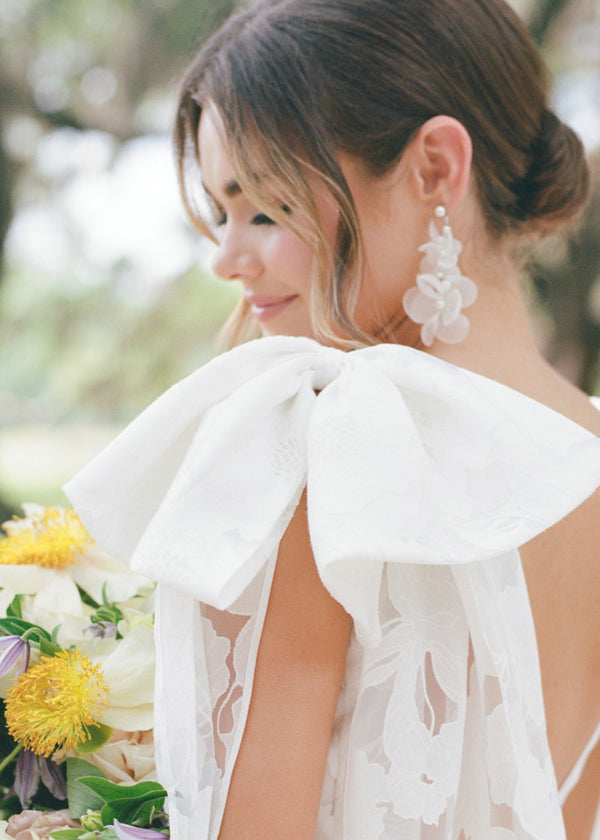 Silk floral drop earring in ivory and silver on bride