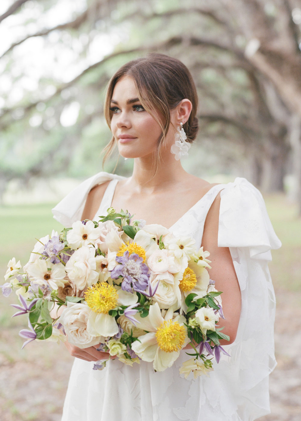 Silk floral drop earring in ivory and silver n bride with flowers
