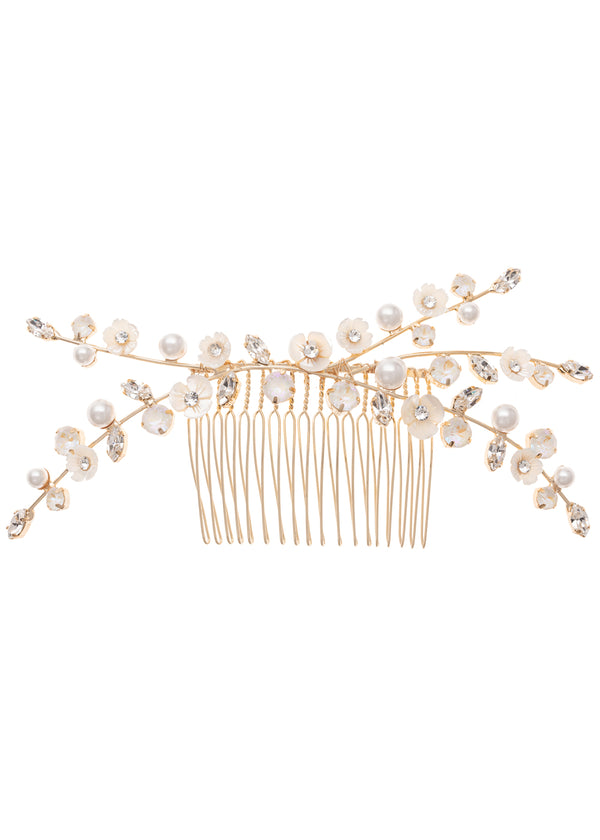 Gold Floral bridal hair comb on white  background