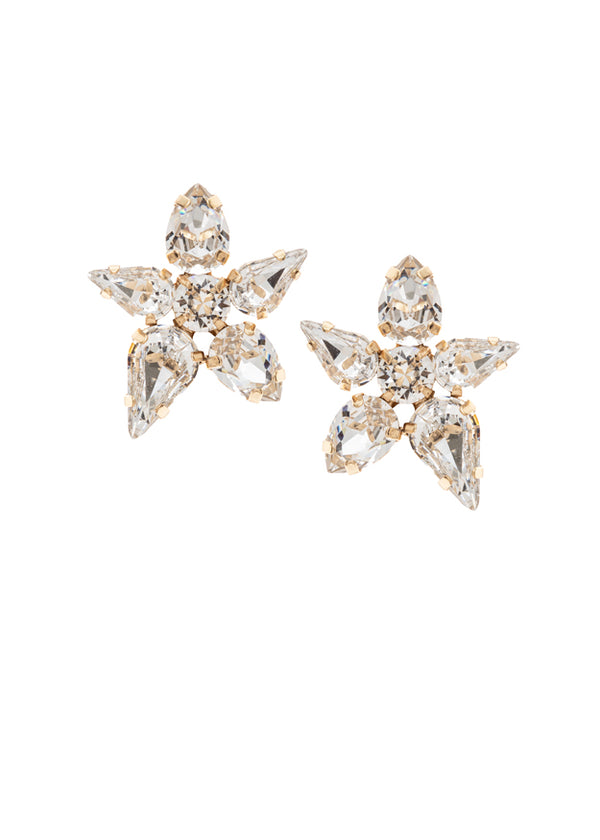 A pair of gold crystal starbrust stud earrings on a white background