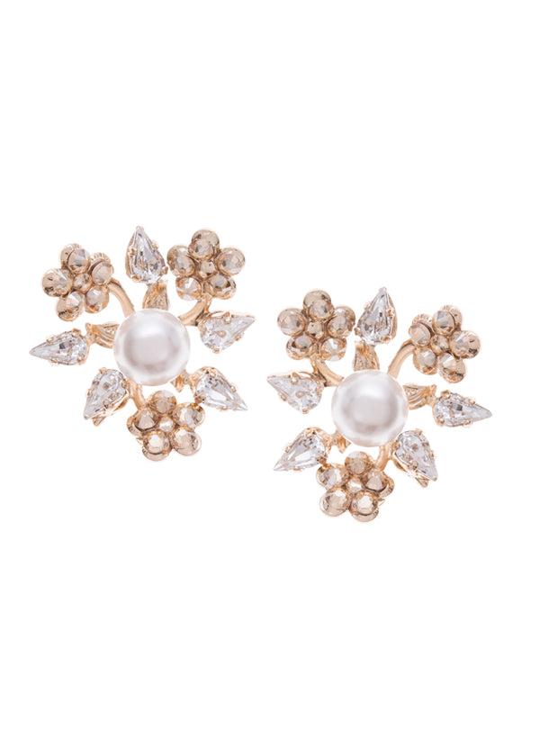 A pair of pearl stud earrings with brass base and claw set crystals.