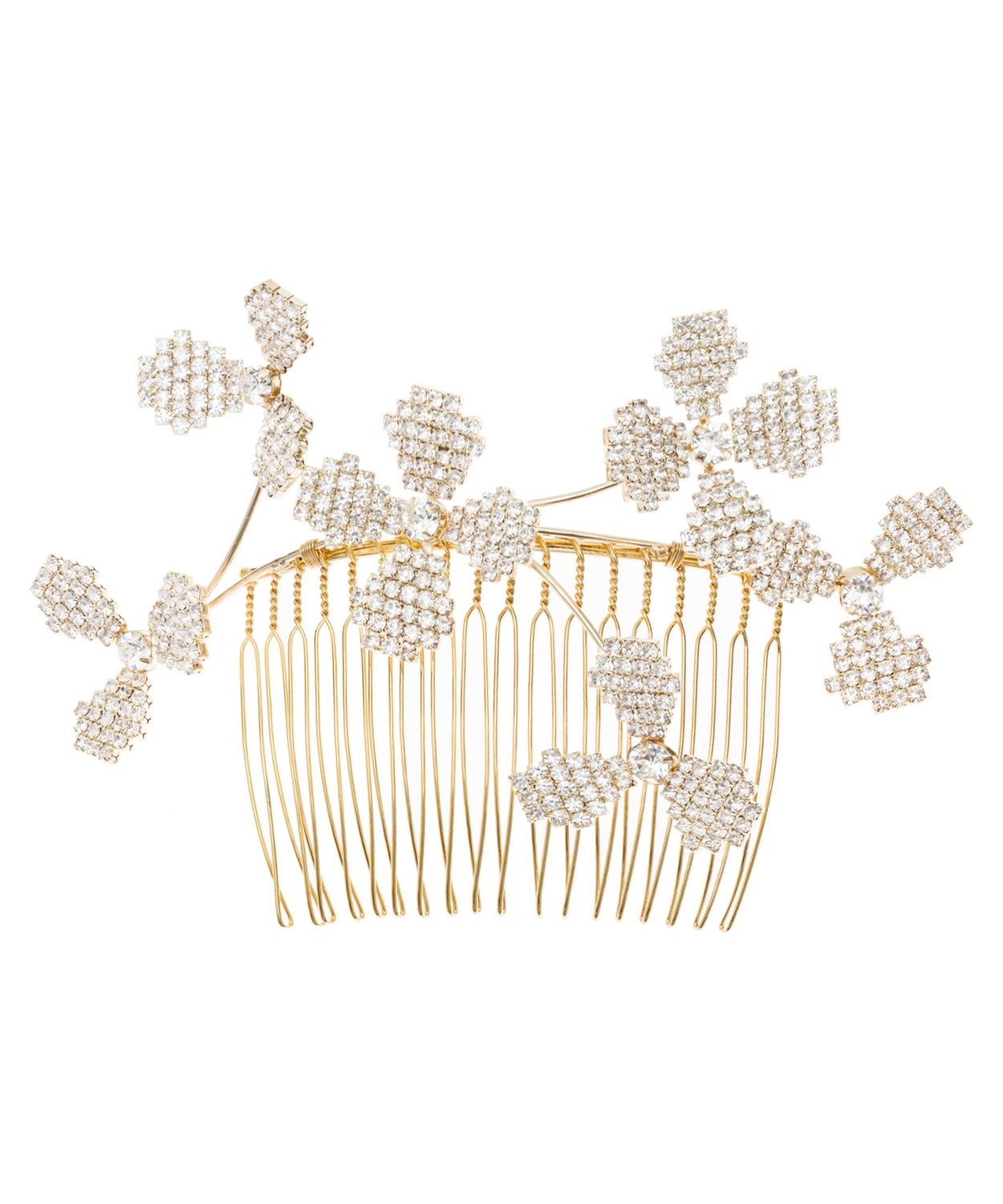 A golden hair comb adorned with floral burst patterns made of European crystals.