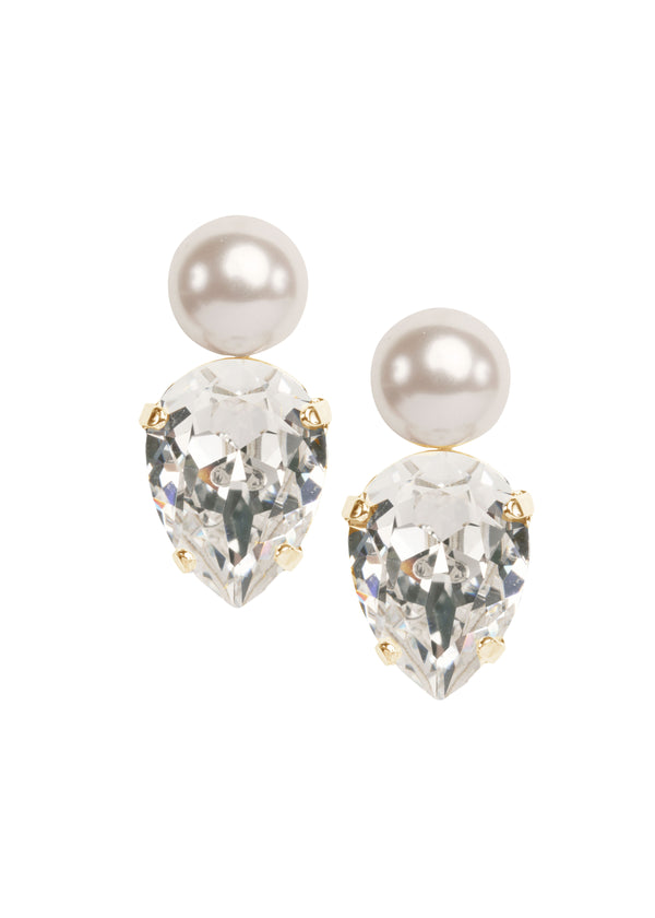 Teardrop Crystal and pearl gold bridal stud earring on white background