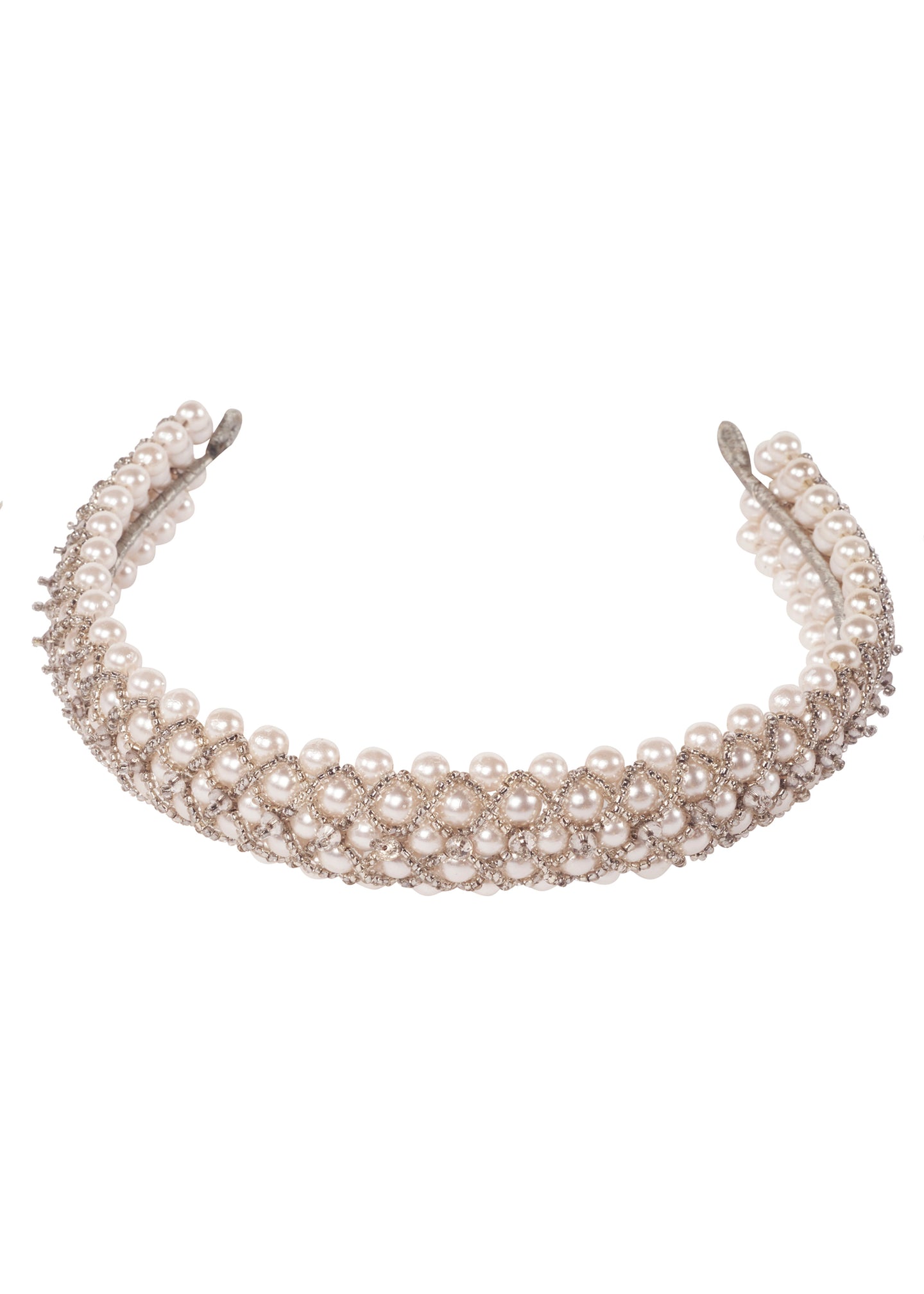 Woven pearl headband laid flat on white background