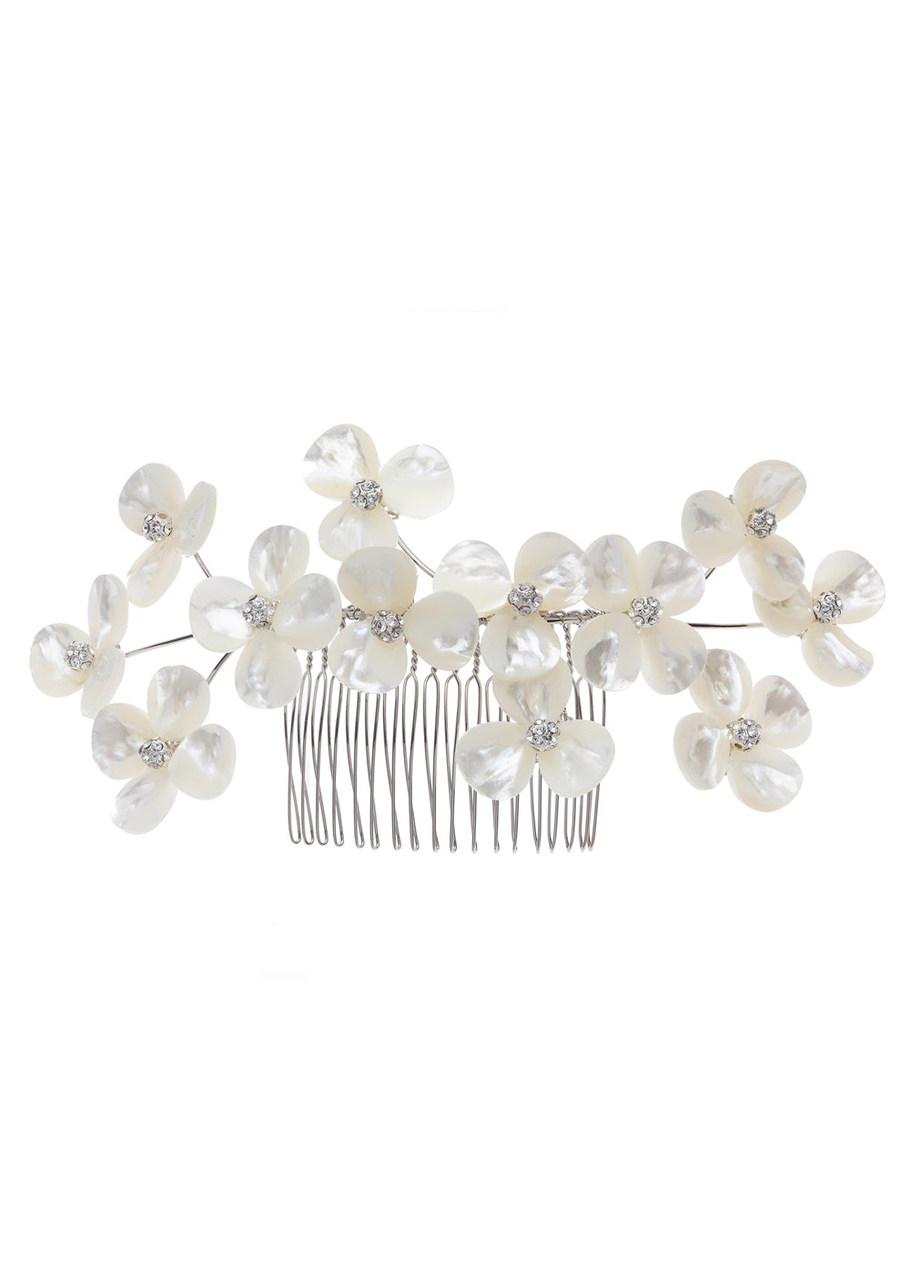 Mother of pearl floral statement bridal hair comb on a white back ground