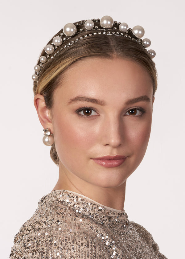 Large Pearl and Crystal bridal hairpiece on model in sequin dress (front view)