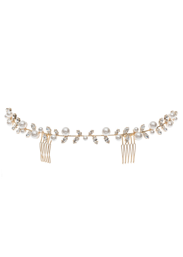 Golden pearl and crystal garland wedding hairpiece on white background