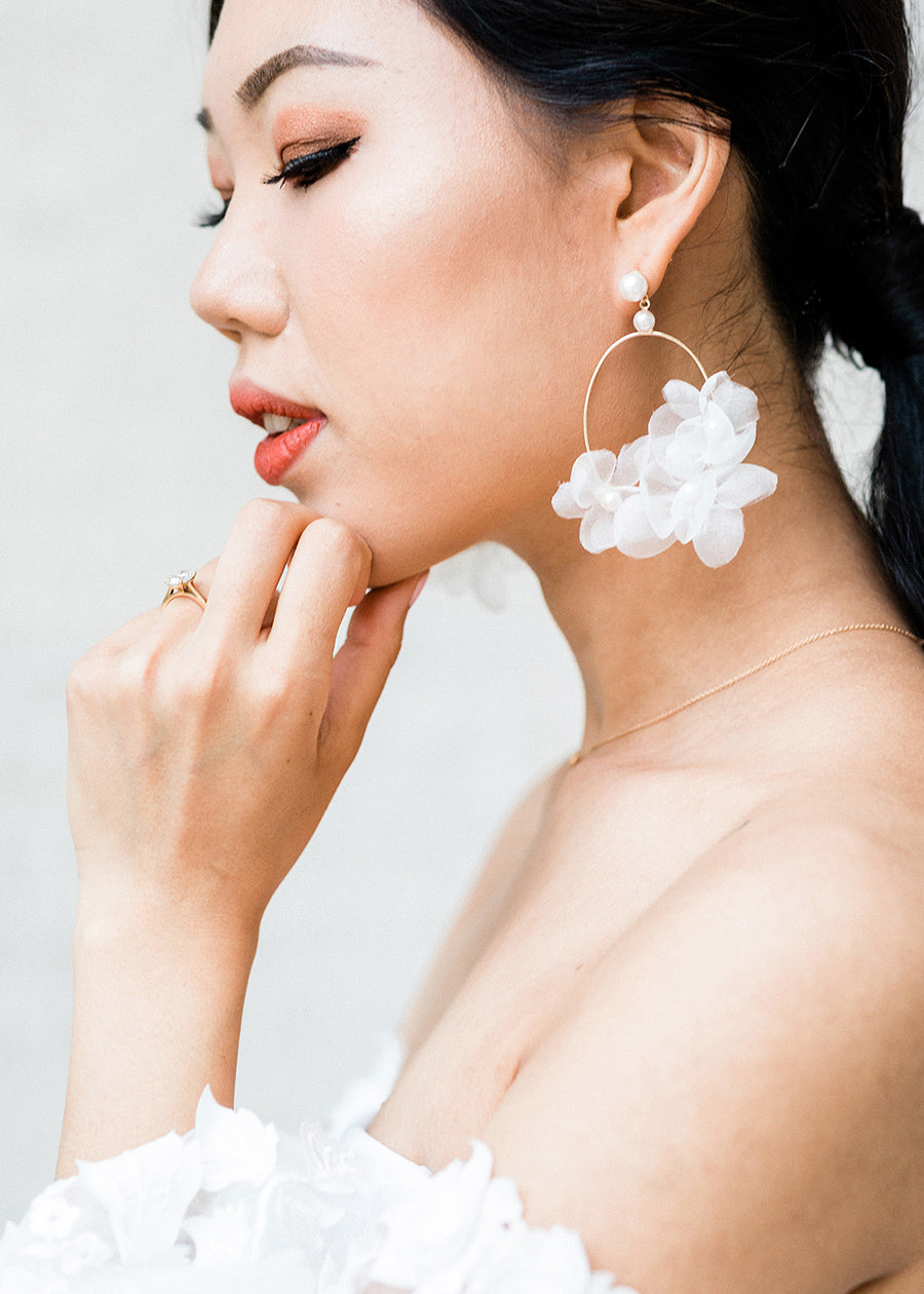 silk floral hoop earring with pearl accents on mode side view