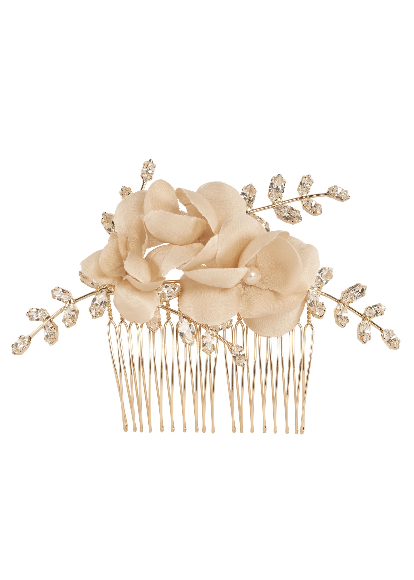 Blush Floral Bridal hairpiece in gold on white background