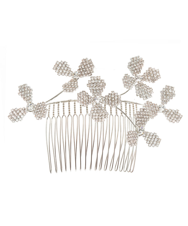 A golden hair comb adorned with floral burst patterns made of European crystals.