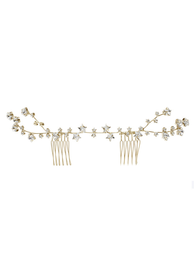 Starry crystal gold garland bridal hairpiece on white background