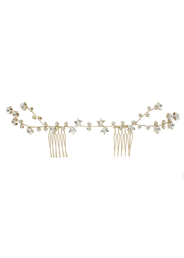 Starry crystal gold garland bridal hairpiece on white background