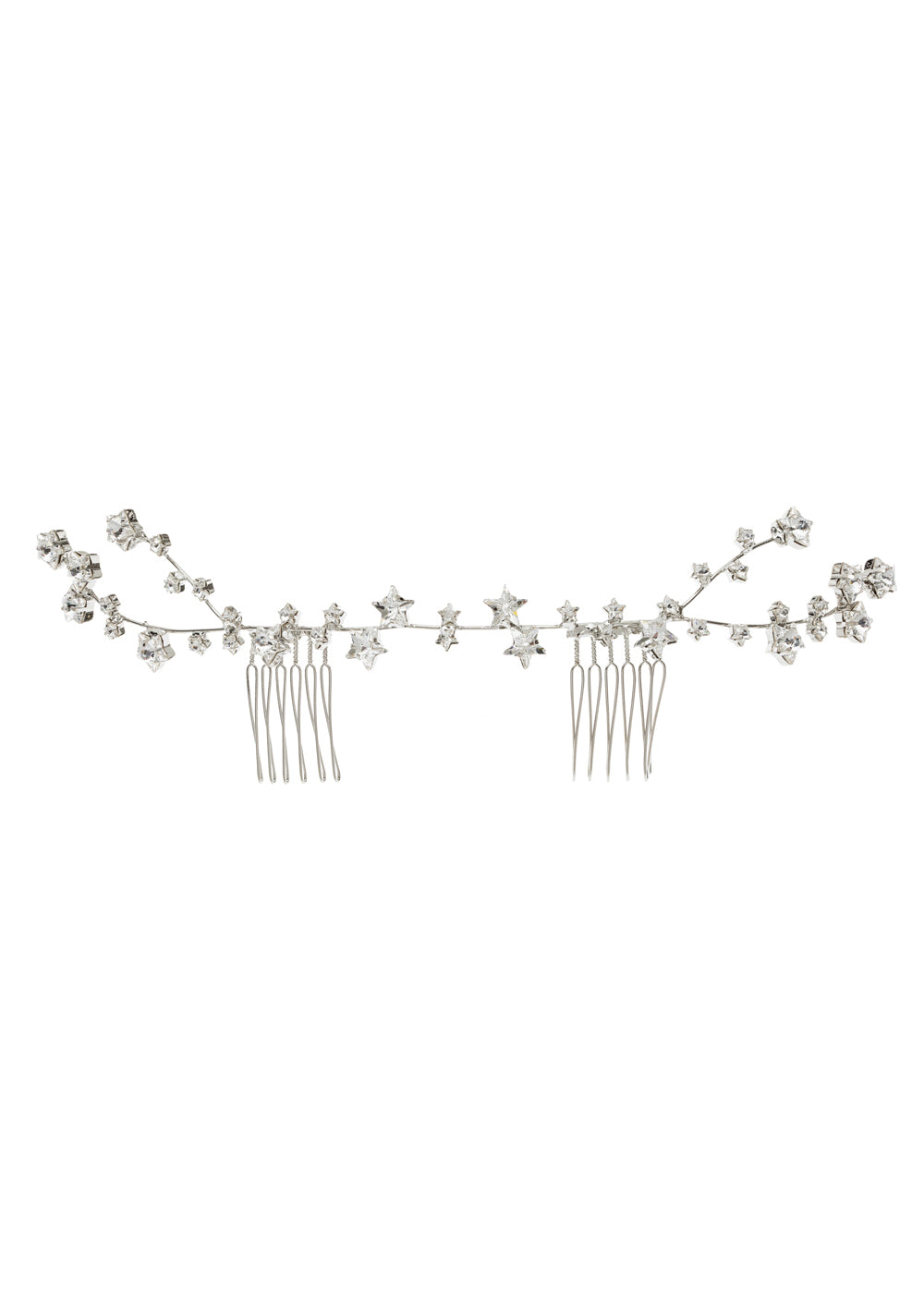 Starry crystal silver garland bridal hairpiece on white background