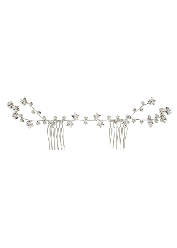 Starry crystal silver garland bridal hairpiece on white background