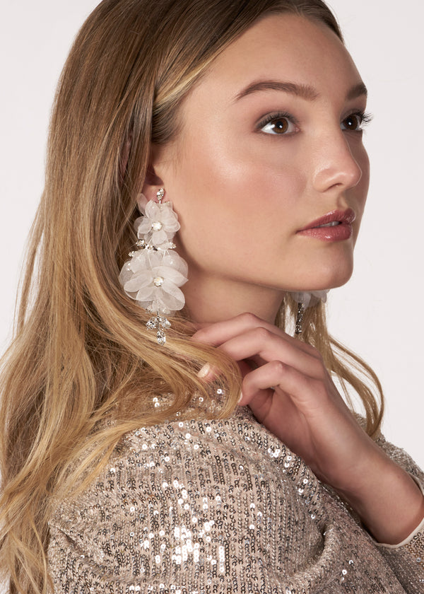 ivory silk floral statement earring with Swarovski crystals on model side view