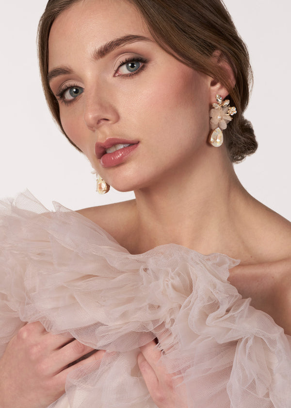Silk Floral blush gold crystal drop earring on model in tulle blush wedding dress
