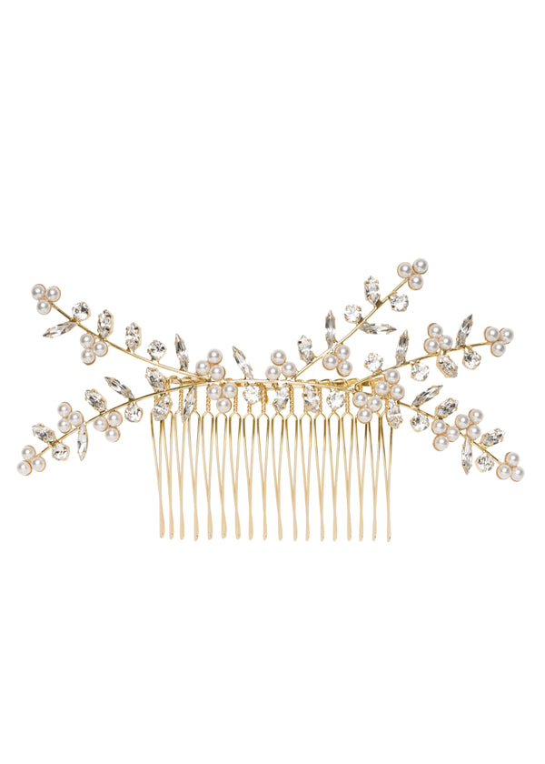 Gold Crystal and pearl branch style bridal hair comb on a white background.