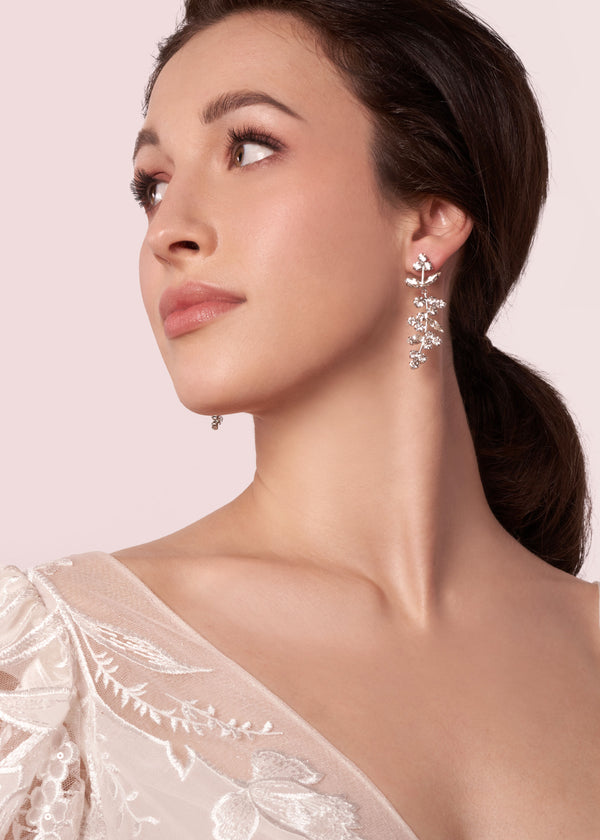 Swarovski crystal silver drop bridal earring on model side view
