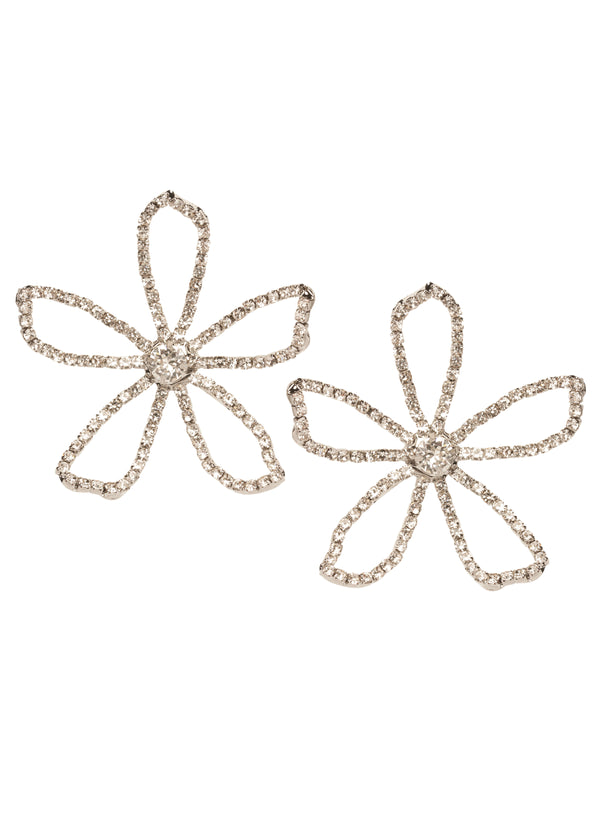 Large Open flower crystal stud earring in silver on white background