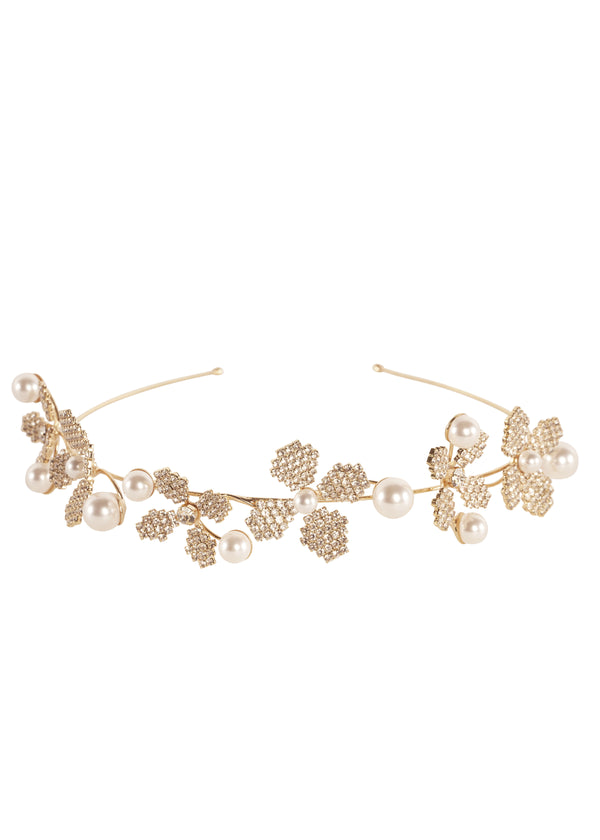 Pearl and crystal gold floral bridal hairpiece laid flat (on a white background)