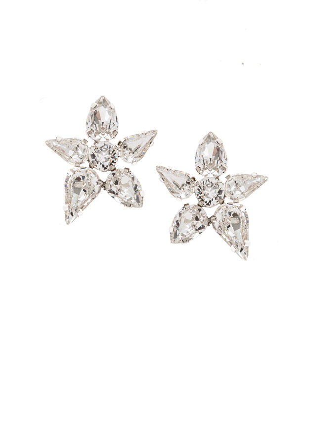 A pair of crystal statement stud earrings on a white backgroud